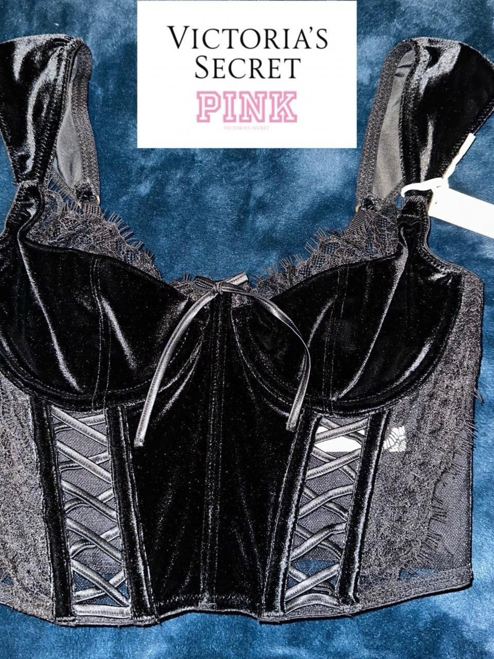 Victoria’s Secret black velvet bow lace corset bra top.  Size adult small.